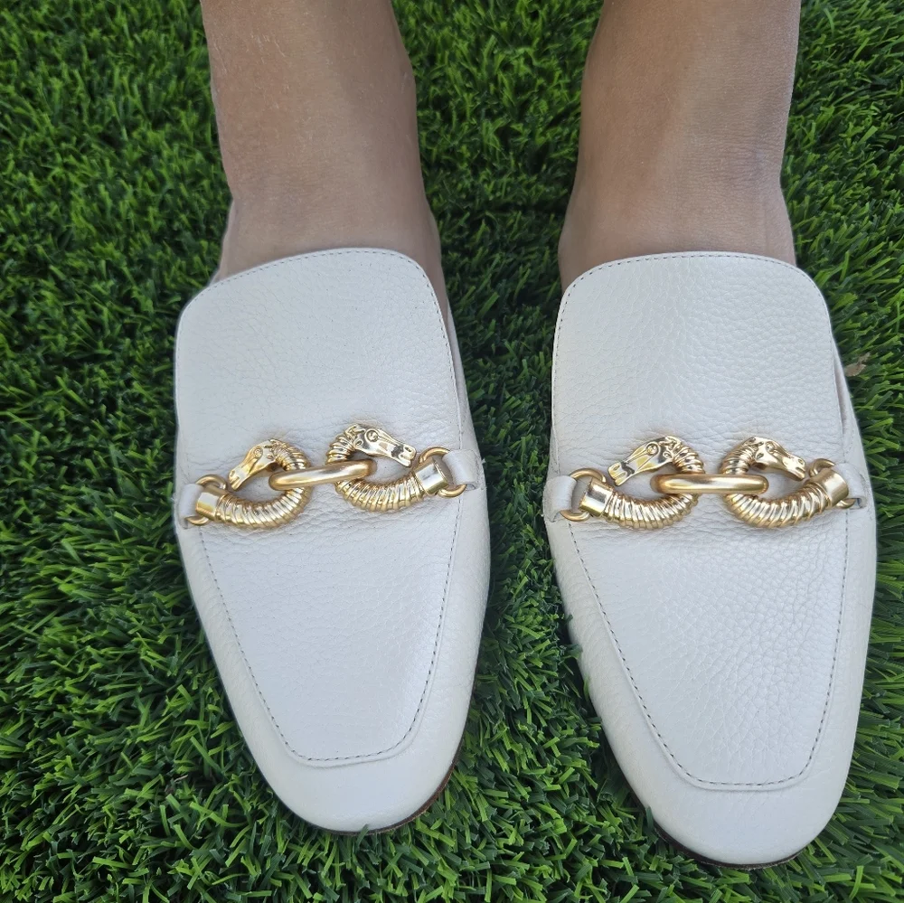 Tory Burch Cream Mules with Gold Chain Detail Size 7